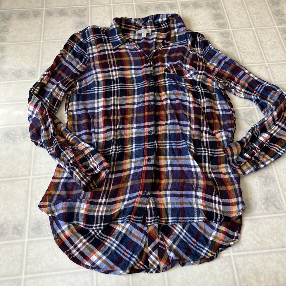 Lucky Brand Plaid Split Back Flannel Button Down Shirt Blue Gold Burgundy Cozy